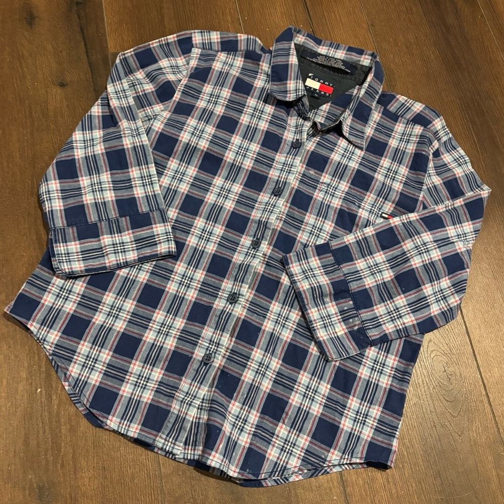 VINTAGE DISTRESSED TOMMY HILFIGER BLUE AND WHITE FLANNEL